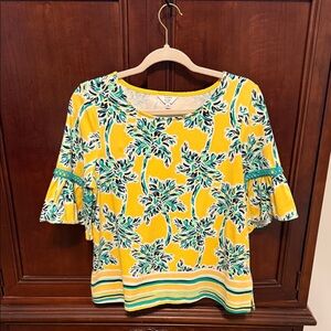 Crown & Ivy Yellow Blouse with Green Palm Design size PM